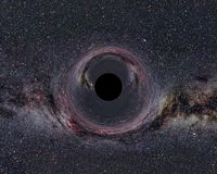 Ein fiktives nichtrotierendes Schwarzes Loch von 10 Sonnenmassen aus 600 km Abstand. Die Milchstraße im Hintergrund erscheint durch die Raumzeitkrümmung verzerrt und doppelt. Die Bildbreite entspricht einem Blickwinkelbereich von 90°. (Computersimulation)