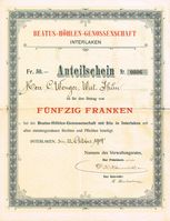 Anteilschein an der Beatus-Höhlen-Genossenschaft vom 12. Oktober 1904 (Symbolbild)