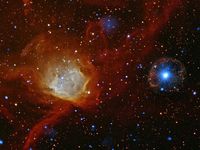 Die Abbildung zeigt den Pulsar SXP 1062 als helles weißes Objekt auf der rechten Seite des Bildes, umgeben von einem diffusen blauen Fleck inmitten einer zarten ringförmigen rötlichen Schale, dem Überrest der Supernova-Explosion. Auf der linken Seite sieht man das spektakuläre Sternentstehungsgebiet NGC 602. Es gehört ebenso wie der Pulsar zur Kleinen Magellanschen Wolke, einer Nachbargalaxie unserer Milchstraße. Die Abbildung ist eine Falschfarben-Kombination aus sichtbarem Licht (rot, gelb) und Röntgenstrahlung (blau, weiß). Bild: NASA