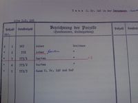 Seite aus dem „herkömmlichen“ Grundbuch von Mattersburg in Papierform; gelöschte Eintragungen sind rot unterstrichen; die „Katastralzahl“ wird nun „Grundstücksnummer“, die „Parzelle“ als „Grundstück“ bezeichnet