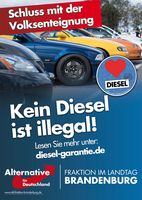 Plakatmotiv "Kein Diesel ist illegal". Bild: "obs/AfD-Fraktion im Brandenburgischen Landtag/AfD-Fraktion im Landtag BRB"