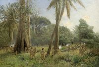 Konflikt in Deutsch-Ostafrika: Kolonialherren und Askaris schießen auf Einheimische (Gemälde von Themistokles von Eckenbrecher, 1896)
