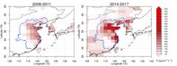 Regionale FCKW-11-Emissionen in Ostasien für die Jahre 2008-2011 und 2014-2017, wie sie aus Beobachtungen an den Messstationen Gosan und Hateruma (rote Kreuze).
Quelle: Empa (idw)