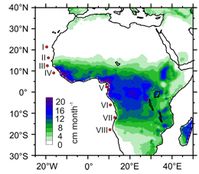 Heutige Verteilung der Niederschlagsmengen über dem tropischen Afrika. Die roten Punkte markieren die acht Probennahmelokationen. Bild: MARUM - Zentrum für Marine Umweltwissenschaften, Universität Bremen