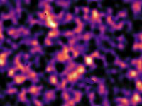 Die Karte stellt die Verteilung der Materie dar: Helle Regionen besitzen die größte Massendichte, dunkle die geringste. Die unsichtbare Dunkle Materie ist in rosa wiedergegeben. Quelle: (c) Grafik: Kilo-Degree Survey Collaboration/H. Hildebrandt & B. Giblin/ESO (idw)