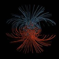 Simulation des Magnetfelds in der Erde. Die vereinfachte Dipolnäherung ist nur im Außenbereich gültig. Bild: de.wikipedia.org