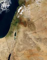Satellitenbild von Palästina, ergänzt mit den heutigen Staatsgrenzen.