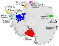 Some named Antarctic iceshelves.