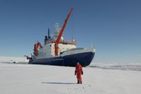 Julia Christmann vor dem Eisbrecher Polarstern in der Antarktis
Quelle: Foto: Julia Christmann (idw)