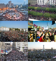 Collage wichtiger Schauplätze im „Arabischen Frühling“. Im Uhrzeigersinn oben links beginnend: Proteste auf dem Tahrir-Platz in Ägypten, in Tunesien, im Jemen, in Bahrain, Syrien und Libyen