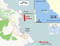 Kollisionsstelle (Kreuz rot, unten) und endgültige Position nach Wendemanöver (rot, Mitte) der Costa Concordia vor der Insel Giglio. Bild: J. J. Hornung / wikipedia.org