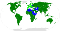 WTO-Mitglieder (Stand August 2018): Dunkelgrün: ﻿Mitglieder, ﻿Hellgrün: EU-Mitgliedstaaten und damit automatisch WTO-Mitglieder, Blau: ﻿Beobachterstatus ﻿Staaten ohne offizielle Beziehungen zur WTO