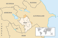 Karte von Armenien, Aserbaidschan und Bergkarabach (NKR); dunkel die von Aserbaidschan kontrollierten Gebiete Bergkarabachs