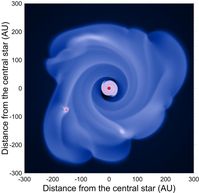 Das Bild zeigt Resultate einer hydrodynamischen Simulation: Zwischen den beiden Teilen bildet sich eine markante Lücke. Quelle: Copyright: Universität Wien (idw)