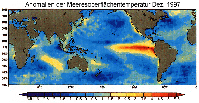 Anomalie der Meeresoberflächentemperatur (°C), beobachtet im Dezember 1997 während des letzten starken El Niños (Quelle: NCEP, NOAA)
