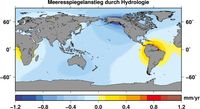 Wasserspeicherung der Kontinente bremst Meeresspiegelanstieg: Meeresspiegeländerungen 2002-2009 aufgrund von Zuflüssen von Land.
Quelle: (c) Grafik: Roelof Rietbroek/Uni Bonn (idw)