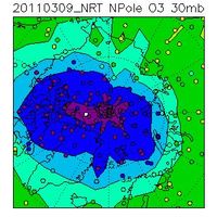 Das Bild vom 9.3.2011 zeigt einen sehr stark reduzierten Ozongehalt in der Stratosphäre über der Arktis (violett und blaue Farben entsprechen sehr geringen Ozonkonzentrationen). Der Ozonabbau hat erst vor kurzem begonnen und wird sich in den nächsten Wochen weiter beschleunigen, solange der polare Wirbel stabil bleibt. Quelle: Dr. A. Dudhia, Univ. of Oxford / KIT