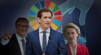 Sebastian Kurz: Bild: Parlamentsdirektion / Zinner; Agenda2030-Kreis: paolo.marraffa, Wikimedia Commons, CC BY-SA 4.0; Von der Leyen/Flickr, US Secretary of Defense, CC BY 2.0; Gates: CC0; Komposition: Wochenblick / Eigenes Werk