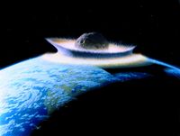 Künstlerische Darstellung des Einschlags eines 1000 km großen Asteroiden auf der Erde im Präkambrium