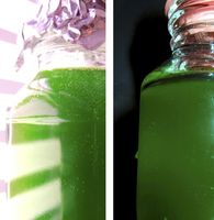 Grünalgen im Licht (links) und in luftdicht verschlossenen Flaschen im Dunkeln (rechts).
Quelle: © RUB, Foto: AG Photobiotechnologie (idw)