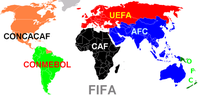 Die sechs Kontinentalverbände des Weltfußballverbandes FIFA:      AFC (Asien, Australien)     CAF (Afrika)     CONCACAF (Nord-, Mittelamerika, Karibik)     CONMEBOL (Südamerika)     OFC (Ozeanien)     UEFA (Europa)