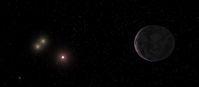 22 Lichtjahre von der Erde entfernt: Sternsystem mit zwei Zwergsternen der Klasse K (links) und einem Zwergstern der Klasse M (Mitte). Rechts am Bildrand die nun entdeckte Super-Erde GJ667Cc, die den mittleren Zwergstern umkreist.
Quelle: Foto: Universität Göttingen (idw)