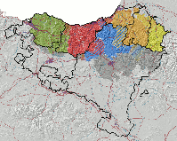 Dialekte des Baskischen.[1]﻿ Biskayisch﻿ Gipuzkoanisch﻿ Obernavarrisch﻿ Niedernavarrisch ﻿Soulisch﻿ - Baskisch sprechende Orte im 19. Jahrhundert (nach einer Karte von Louis-Lucien Bonaparte)