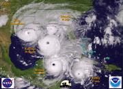 Montage der Hurrikane, die 2005 das amerikanische Festland erreicht haben. C. Velden, CIMMS, Univ. Wisconsin, Madison USA, in Bulletin of the American Meteorological Society, 6-2006.