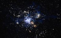 Künstlerische Darstellung eines Galaxienhaufens im frühen Universum in seiner Entstehungsphase - zu
Quelle: ESO/M. Kornmesser (idw)