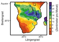 Niederschlagsmengen im südlichen Afrika angegeben in Zentimetern pro Monat im Südsommer (Dezember bis Februar)
Quelle: Abb.: MARUM, Universität Bremen (idw)