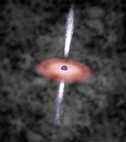 Künstlerische Darstellung: Quasar mit zentralem Schwarzen Loch, umgebender heißer Scheibe und gegenläufigen Teilchen-Jets Quelle: Bild: MPIA (idw)