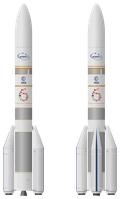 Geplante Ariane 6 in den Konfigurationen Ariane 62 mit zwei und Ariane 64 mit vier Feststoffboostern