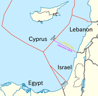 Die jeweilig beanspruchten Seegebiete; Israel (gelb) und Libanon (lila)