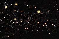 Die künstlerische Darstellung dieser Abbildung vermittelt einen Eindruck davon, wie häufig Sterne der Milchstraße von Planeten umkreist werden. Diese Exoplaneten, ihre Umlaufbahnen und ihre Muttersterne sind im Vergleich zu ihren tatsächlichen Abständen sehr stark vergrößert dargestellt. Ein internationales Wissenschaftlerteam, das im Rahmen einer sechsjährigen Studie mit Hilfe des Mikrogravitationslinseneffekts mehrere Millionen Sternen untersucht hat, konnte zeigen, dass Exoplaneten nicht die Ausnahme, sondern der Normalfall sind.
Quelle: Abbildung: Europäische Südsternwarte (ESO) / M. Kornmesser (idw)