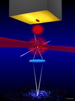 Ein Bose-Einstein-Kondensat fällt nach unten, expandiert dabei und wird in einer dünnen Schicht aus Licht vermessen.
Quelle: TU Wien (idw)