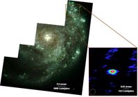 Links: Optisches Bild der Galaxie NGC 2276, aufgenommen mit HST. Rechts: Radiostruktur der Quelle NGC 2276-3c, gemessen mit dem europäischen VLBI-Netzwerks (EVN ) bei hoher Auflösung. Quelle: nach Mezcua et al. 2015, MNRAS 448, 1893 (idw)