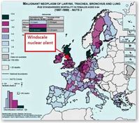 Eurostat Kehlkopf, Luftröhren, Bronchen und Lungenkrebs-Sterblichkeitsraten (1997-1999). Mit mehr als 300 Zwischenfällen erzeugte das AKW Windscale (UK) 76% aller künstlicher Strahlung im Jahr 1984.