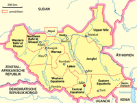 Die Staatsgrenze entspricht den früheren Provinzgrenzen. Strittig sind die Gebiete Abyei und Ilemi.