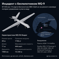 Informationsgraphik zum Vorfall mit dem unbemannten Aufklärungsflugzeug der USA MQ-9 Reaper über dem Schwarzen Meer am 14. März 2023 Bild: Spuntik