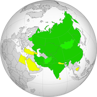 Staaten der Shanghaier Organisation für Zusammenarbeit (SCO), dunkelgrün: ﻿Mitglieder, hellgrün: ﻿Beobachter, gelb: ﻿Dialogpartner
