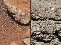 Vergleich eines Flussbetts auf dem Mars (links) und auf der Erde (rechts)