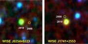 Bild 02 + 03: Falschfarben-Bilder der beiden neu entdeckten braunen Zwerge WISE J0254+0223 und WISE J1741+2553 (aus drei Aufnahmen des Wide-field Infrared Survey Explorer (WISE) mit verschiedenen Filtern im Infrarotlicht). Bild: AIP, NASA/IPAC Infrared Science Archive