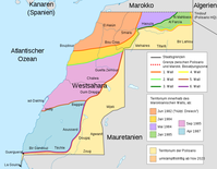 Allmähliche Absicherung der Westsahara-Besatzungszone durch Marokko in den 1980er Jahren. Zudem in Hellgelb: Territorium der Polisario