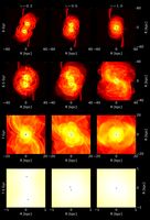 Momentaufnahmen der Simulation von 120 Millionen Teilchen zweier zusammenwachsender Zwerggalaxien, die jeweils ein Schwarzes Loch enthalten und zwischen 6 und 7,5 Milliarden Jahre alt sind.
Quelle: UZH (idw)