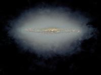 Zusammengesetztes Bild einer von der Seite gesehenen Spiralgalaxie mit ausgedehntem Halo, erzeugt durch Mittelung der Radiohalos aus Beobachtungen von insgesamt 30 verschiedenen Galaxien mit dem VLA.