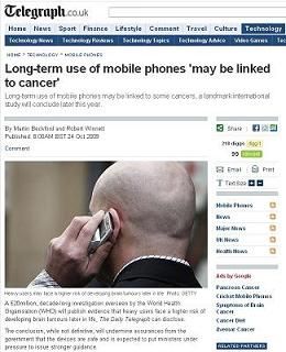 Bericht am 24. Oktober 2009 im "Daily Telegraph" über den Zusammenhang zwischen Mobiltelefone und das entstehen von Gehirntumore.