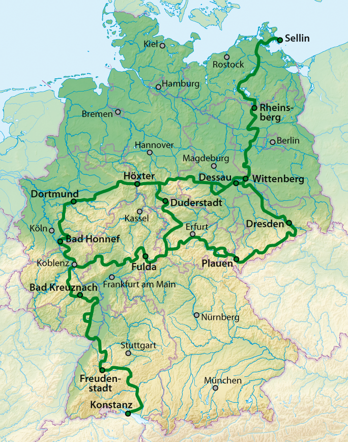 Verlauf der Deutschen Alleenstraße von Rügen im Nordosten nach Konstanz im Südwesten