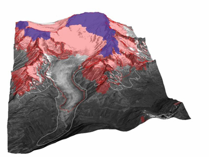Schrägansicht des Rhonegletschers: Die Gletscherstände von 1850 (weiss) und von 1973 (rot) sind als Gletscherumrisse dargestellt. Rot die Gletscherausdehnung der Referenzperiode (1971?90). Blau der verkleinerte Gletscher bei einem Klimaszenario mit 3 °C wärmeren Sommertemperaturen und 10 Prozent mehr Jahresniederschlag.
