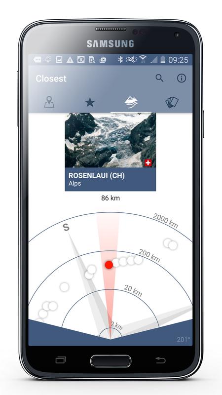 Ein Kompass zeigt von der aktuellen Position des Benutzers auf die nächstgelegenen dokumentierten Gletscher. Quelle: World Glacier Monitoring Service (idw)