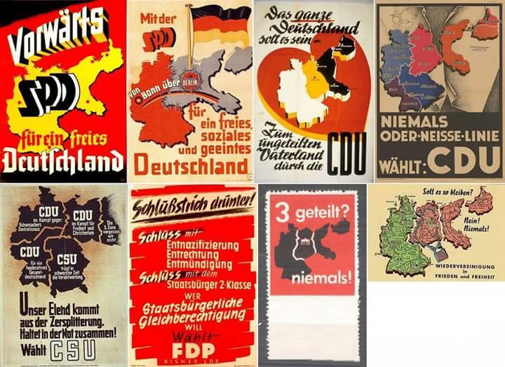 Alte Wahlplakate von etwa 1949 bis 1980 von SPD, CDU und FDP als die Parteien Deutschland nach Völkerrecht vollständig wieder vereinigen wollten.